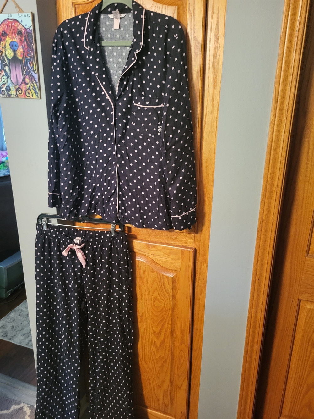 Victoria's Secret Black Polka Dot Pajama Set with Pink Trim